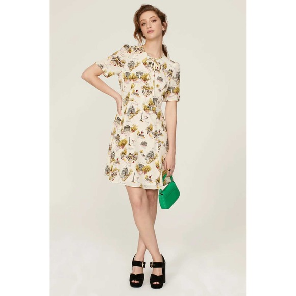 LK Bennett Paris Landmarks Print Silk Dress Short Sleeve Tie Neck ALine Midi